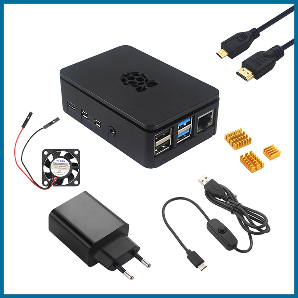 Enclosure-Box Heatsink Power-Adapter-Card Cooling-Fan Shell Abs Raspberry Pi 4-Case Hdmi-Cable