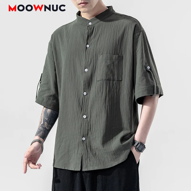 

MOOWNUC 2020 Shirts Male Summer Men's Clothes Hip Hop Youth Three Quarter Sleeve Casual 5XL Streetwear Loose Solid Shirts