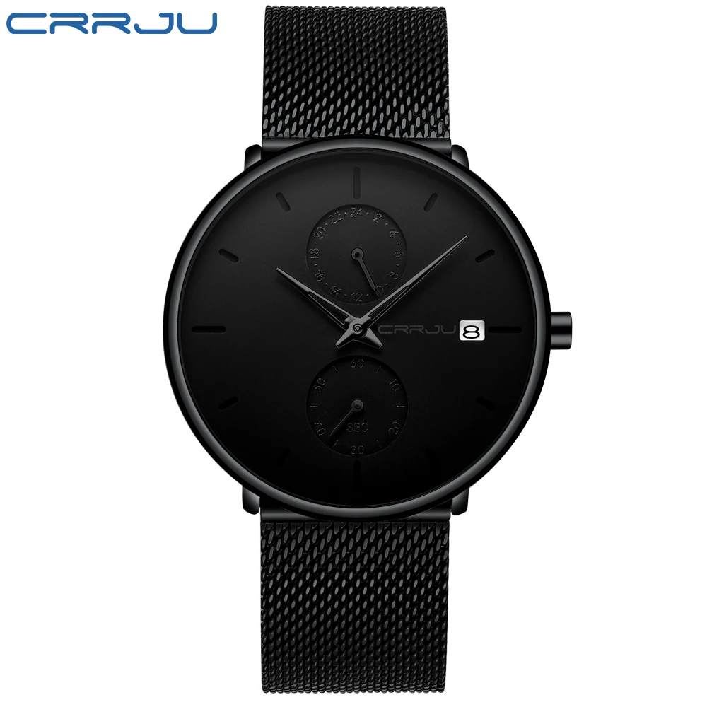 black Men Watch CRRJU Top Brand Waterproof Quartz Wrist Watches Mens Stainless Steel Sports Male Clock Date Relogio Masculino - Color: black