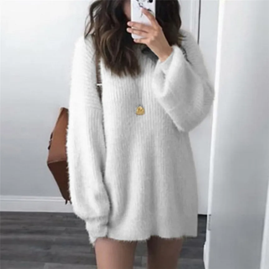 

Pullover High Elasticity Fashion Women Solid O-Neck Loose Knitted Warm Long Latern Sleeve Sweater Blouse Loose Casual Army Top
