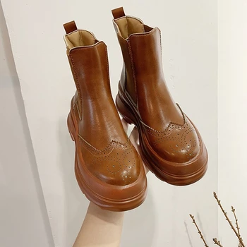 

Fashion Women Ankle Boots 2020 Winter Luxury Brand Platform Boots Chunky Women's Leather Boots Woman Shoes Round Toe Boots Brown
