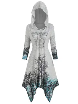 

Wipalo Plus Size Gothic Dress Women Fashion Autumn Streetwear Long Sleeve Lace Up Hooded Tree Print Knitted Dress Vestidos 5XL