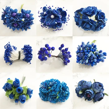 

6/10/12/20/200pcs Mixed Royal blue Flower Cherry Stamen Berries Bundle DIY Christmas Wedding Cake Gift Box Wreaths Decor