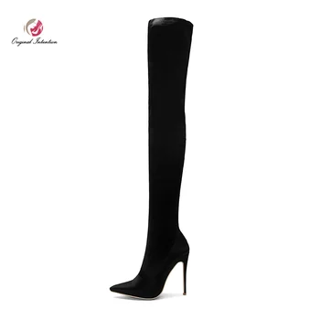 

Original Intention Elegant Women Over the Knee High Boots Pointed Toe Thin High Heels Satin Boots Concise Shoes Woman Size 4-13