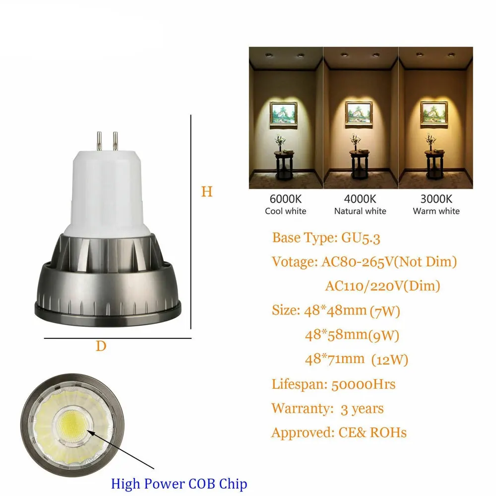 GU10 затемненные COB Светодиодный точечный светильник, лампочка E12 E14 E27 GU5.3 B15 MR16 DC 12V 7 ваттов 9 ваттов 12 ваттов 110V 220V AC 85-265V супер яркий алюминиевый