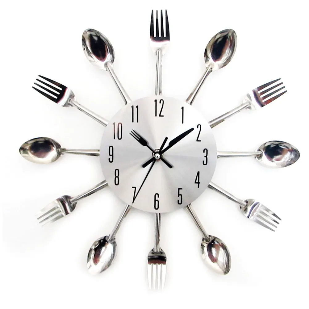 Metal Large Stylish Unique Wall Clock 3D Spoon Modern Decoration Living Room Cutlery Silver Silent Kitchen Tableware