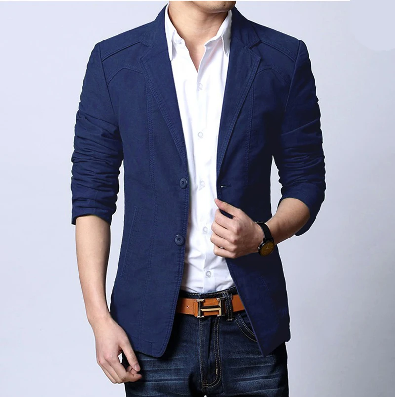 Navy Осенняя мужская куртка мужские пиджаки Мужской костюм куртки Hombre однотонная облегающая одежда жениха умная повседневная мужская одежда MOOWNUC - Цвет: Navy