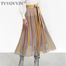 TVVOVVIN/ Осенняя плиссированная юбка в полоску с цветными полосками и шнуровкой, шифоновая трапециевидная юбка средней длины с завышенной талией и длиной до щиколотки, L024