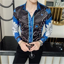 Королевская Синяя рубашка с принтом, длинный рукав,, модная брендовая мужская Повседневная рубашка, Chemise Homme, Мужская Клубная формальная рубашка-смокинг, M-4XL