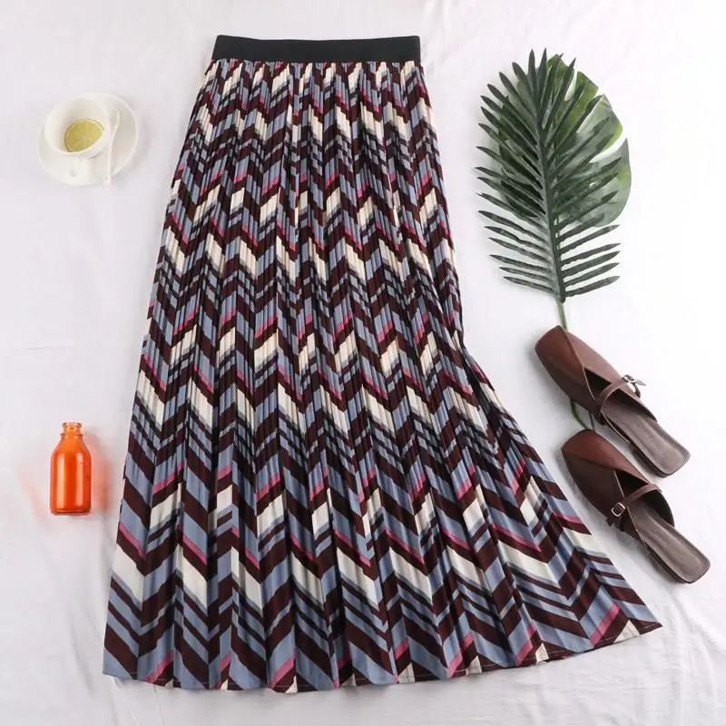 Женские плиссированные юбки с леопардовым принтом, эластичная высокая талия, богемная трапециевидная юбка с геометрическим принтом, винтажные миди юбки