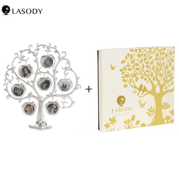 

Antique Silver Family Tree With 7pcs Heart shape Picture Frame Metal Table Top Photo Frame Decoration Home Decor