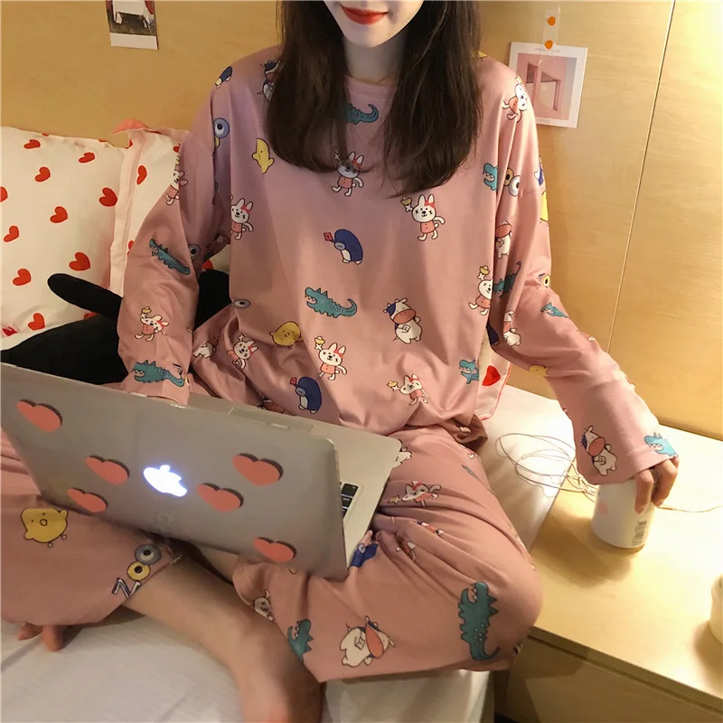 

Pajamas Women Long Sleeve Spring And Autumn Bean Paste Crocodile Set M -Xxl