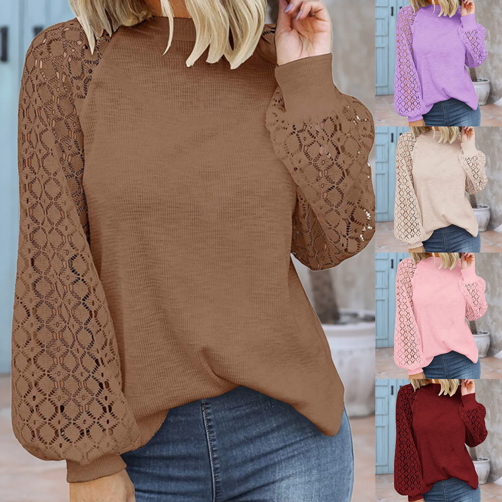 Women Winter Solid Color Round Neck Sweatshirts Long-sleeved Lace Hollow Loose Harajuku Top Sweatshirts Жіночий Светр 2