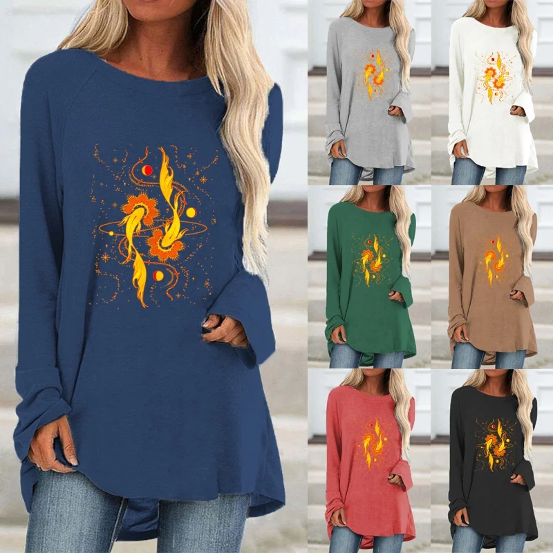 

Fashion Printing Shirt Graphic Tee Round Neck Long Sleeve Ladies Plus Size Loose Shirt Casual Tops Autumn and Winter