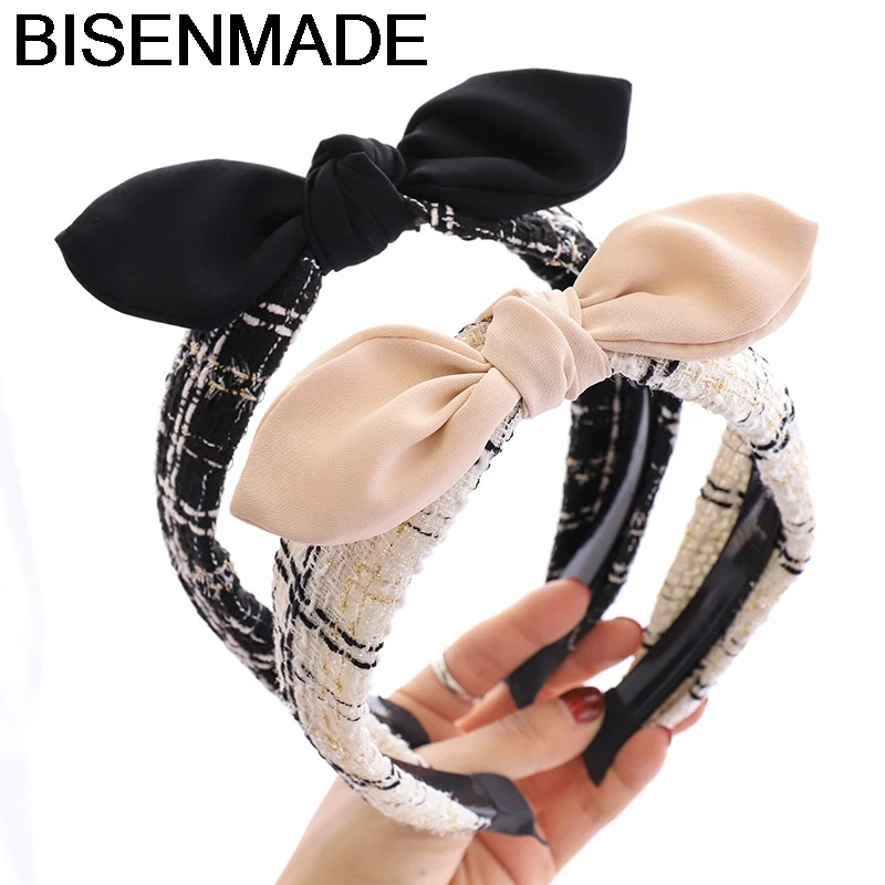 

BISENMADE Fashion Woolen Plaid Hairband Women Rabbit Ears Headband Classic Fabric Bowknot Girl Headwear Hair Accessories