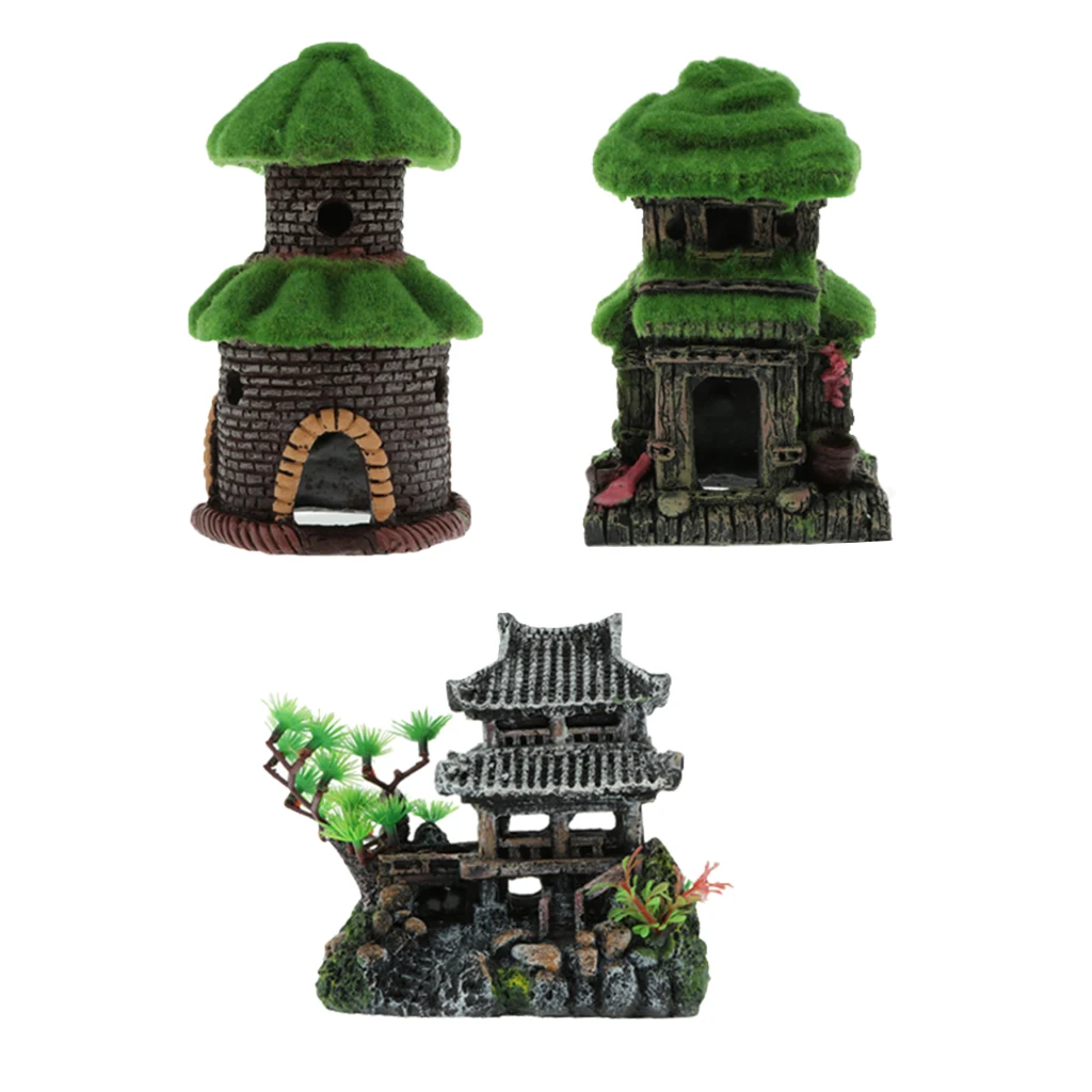 Fish Tank Ornament Aquarium Decorative Retro Chinese Building Reptile Hideaway