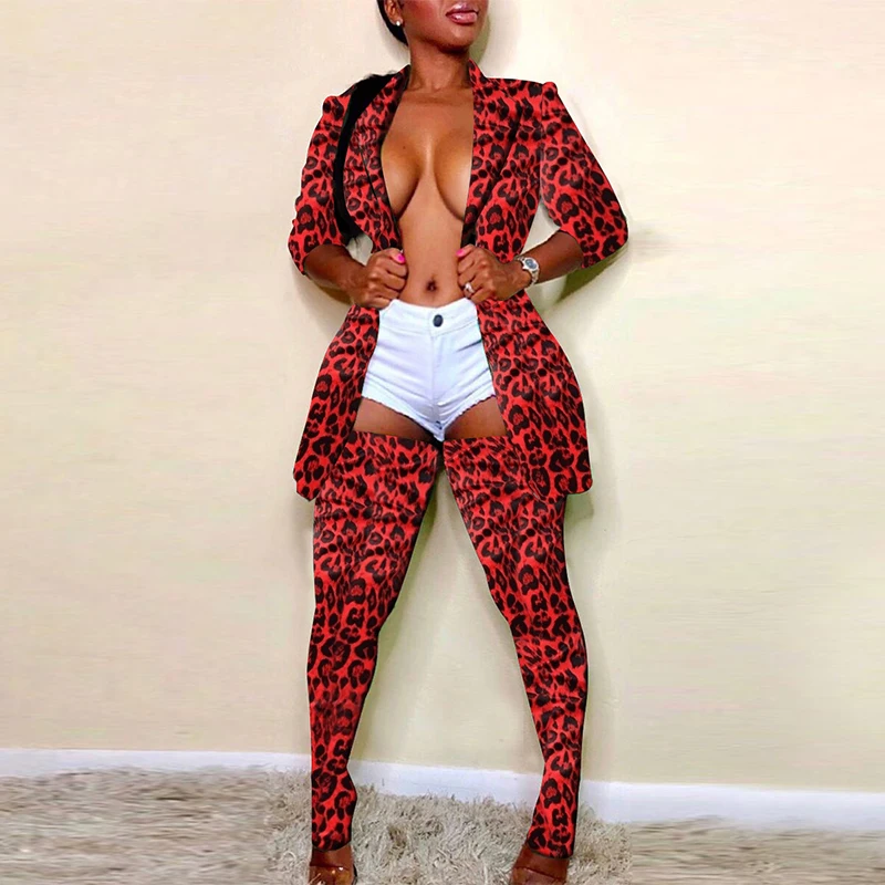 Леопардовый камуфляж размера плюс винтажный комплект из 2 предметов Женский блейзер с длинным рукавом Топ+ длинные носки спортивные костюмы осень-зима - Цвет: Red