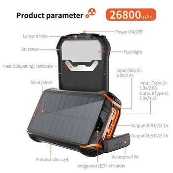 

26800mAh Solar Power Bank Wireless Waterproof Powerbank Battery Poverbank Portable Charger LED for Xiaomi Iphone Solar Powerbank