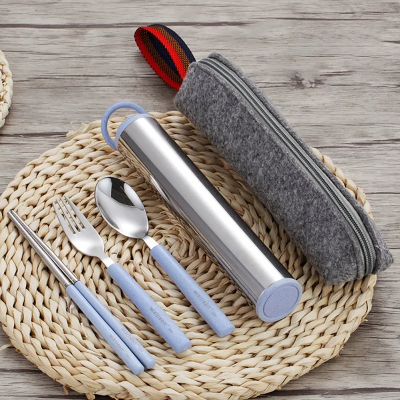 Набор из 4/5 предметов, портативная Милая коробка для столовых приборов, пшеничная солома, 304 нержавеющая сталь, палочки для еды, ложка, вилка, трубка, сумка, набор столовых приборов, экологически чистый