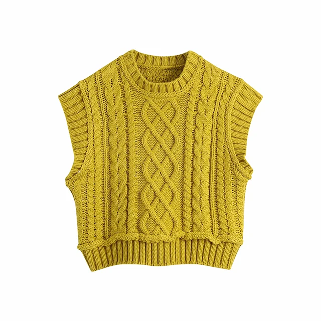 MosiMolly Pretty Pink Sweater Vest Women Cable Knit Sleeveless Knits Jumper Pullovers Sweater Cropped Sweater Tank Yellow