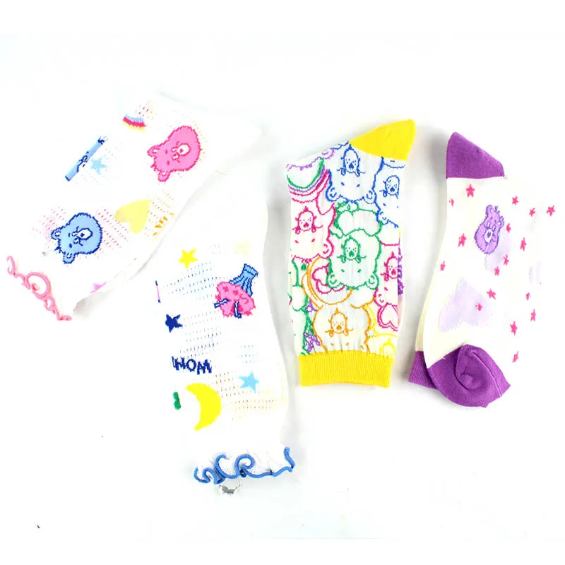 Повседневное прозрачный кружевной Для женщин носки для детей милые носки с мультяшным медвежонком для Смешные носки в студенческом стиле Карамельный цвет хлопок шелковые носки Harajuku