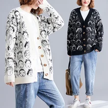 Большие размеры 4XL осень зима женские модные элегантные топы с рисунком головы женские плюс большие кардиганы с длинными рукавами свитер пальто