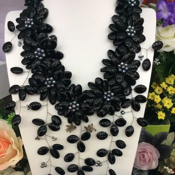 

Wholesale New Styles Vintage Bijoux Love Black Freshwater Pearl Black Agates Onyx Flower Wrap Necklace for Women