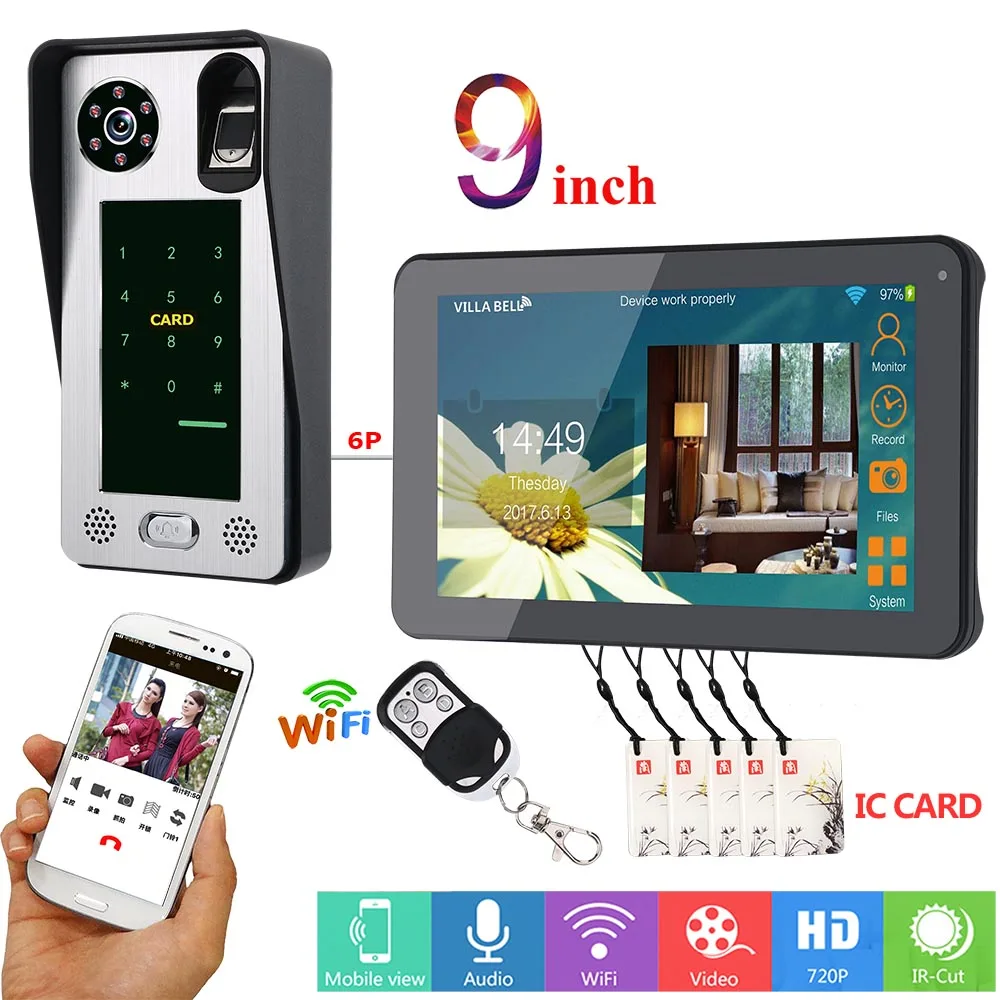 Security RFID Fingerprint Password IC Card Camera 9 Inch LCD Wifi Wireless Video Doorbell Door Phone Intercom APP Control