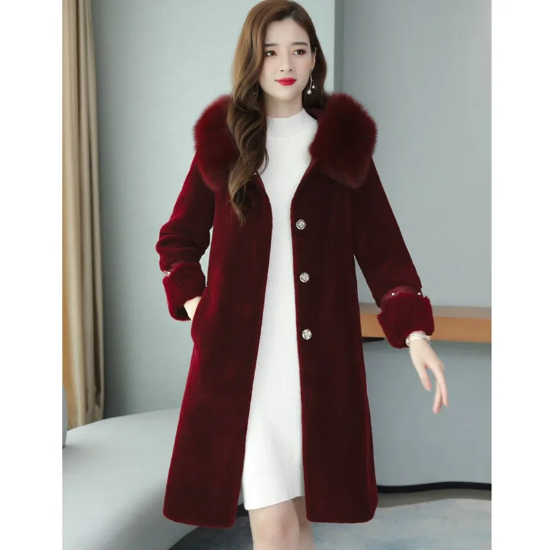 Red wine UHYTGF/качественное зимнее меховое пальто для стрижки овец; женская модная теплая куртка с капюшоном из лисьего меха; женские топы больших размеров; 1024 - Цвет: Red wine