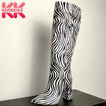 

KemeKiss Women High Heel Boots Fashion Winter Shoes Woman Warm Zebra Pattern Boot Office Lady Knee High Footwear Size 34-43