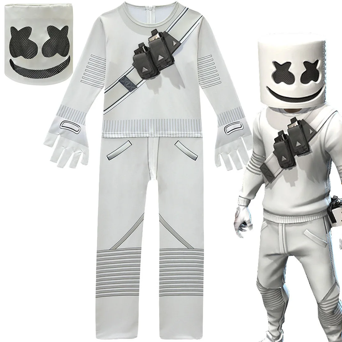 Kids Boys MarshMello DJ Mask Cosplay Costume Fancy Halloween Party Jumpsuit Set 