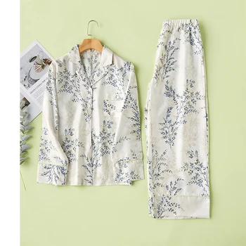 

2020 spring new printing simple and fresh lapel wicker tencel pajamas set casual loose was thin long-sleeved home service