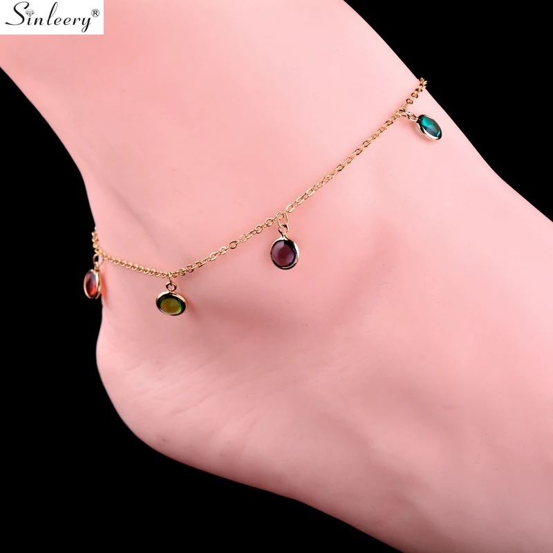 

SINLEERY Bohemian Green Red Blue Cubic Zirconia Adjustable Anklet Yellow Gold Silver Color Ankles For Women Jewelry JL002 SSD