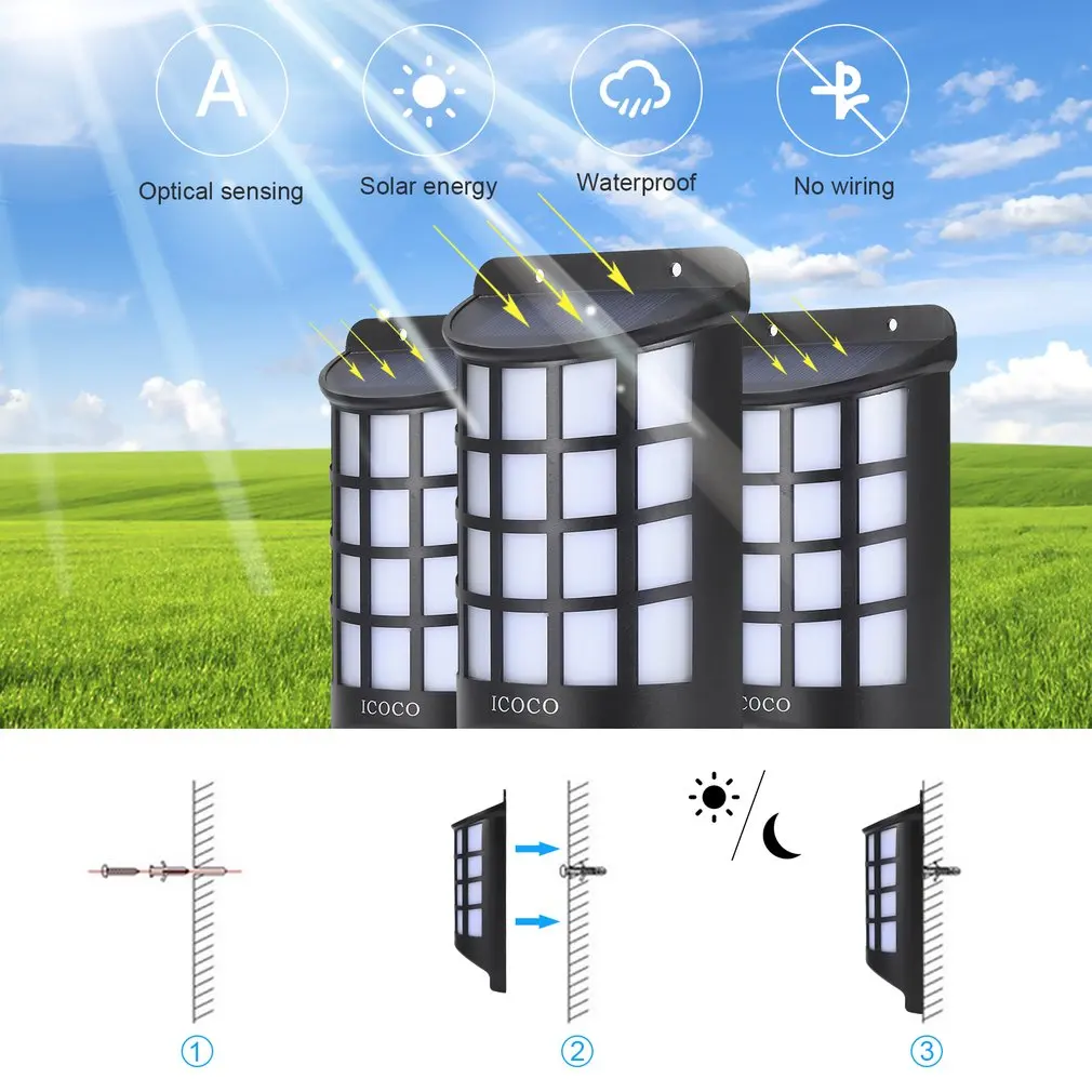 ICOCO умный Безопасный светодиодный светильник с солнечным датчиком, настенный светильник с датчиком движения, сменный цвет, энергосберегающий для наружного использования