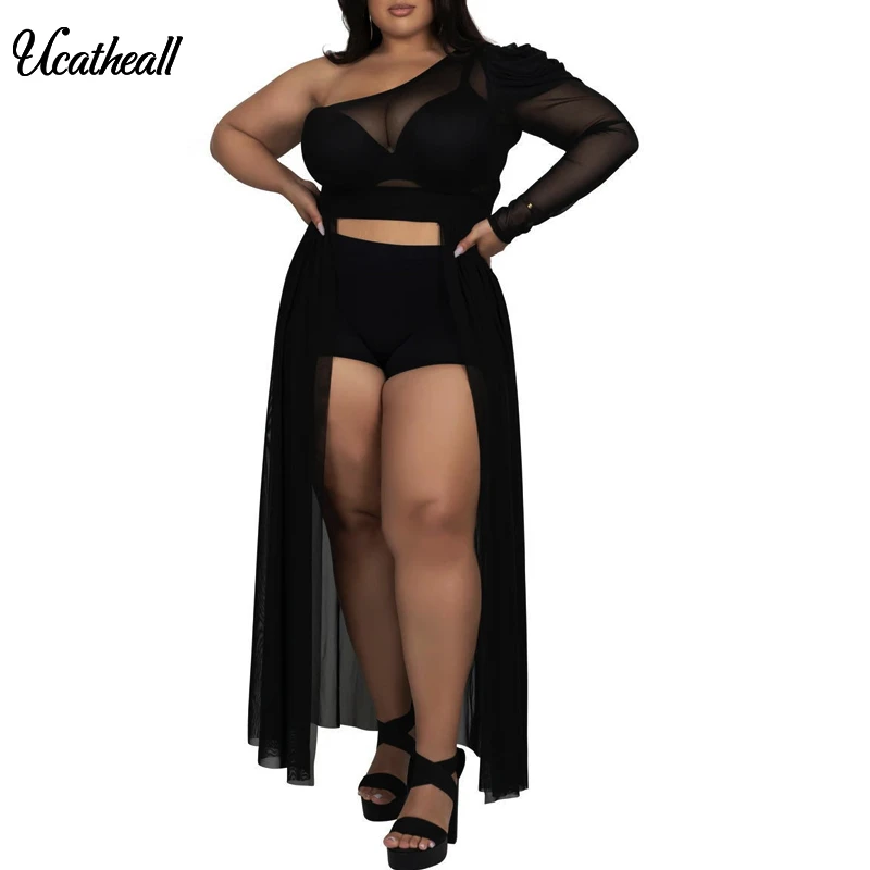 Women long sleeves side stripes casual club party mesh sheer short jumpsuit 2pc