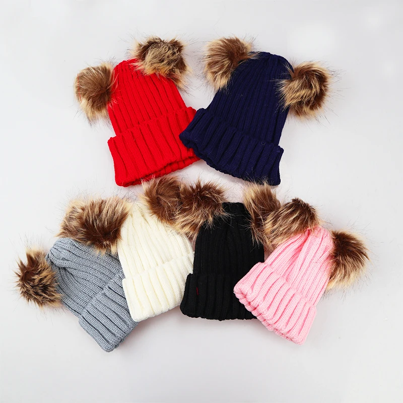 Зимняя шапка с двумя плюшевыми помпонами для женщин и маленьких девочек, вязаные шапки, плотные женские осенние шапки Gorro mujer invierno czapka zimowa
