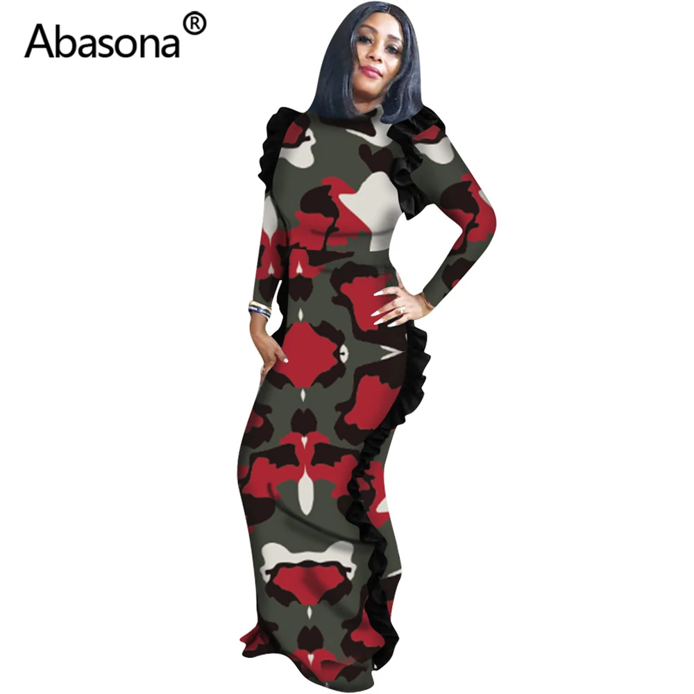 Abasona, Осень-зима, сексуальное женское платье с леопардовым камуфляжным принтом, облегающее длинное платье с разрезом и оборками, вечерние платья для ночного клуба