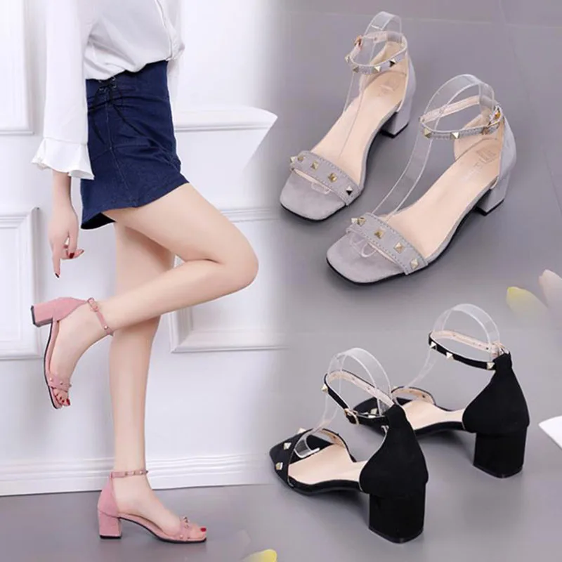 

2019 new high-heeled women's sandals summer buckle belt open toe Suede Black thick heel all-in-one women's shoes