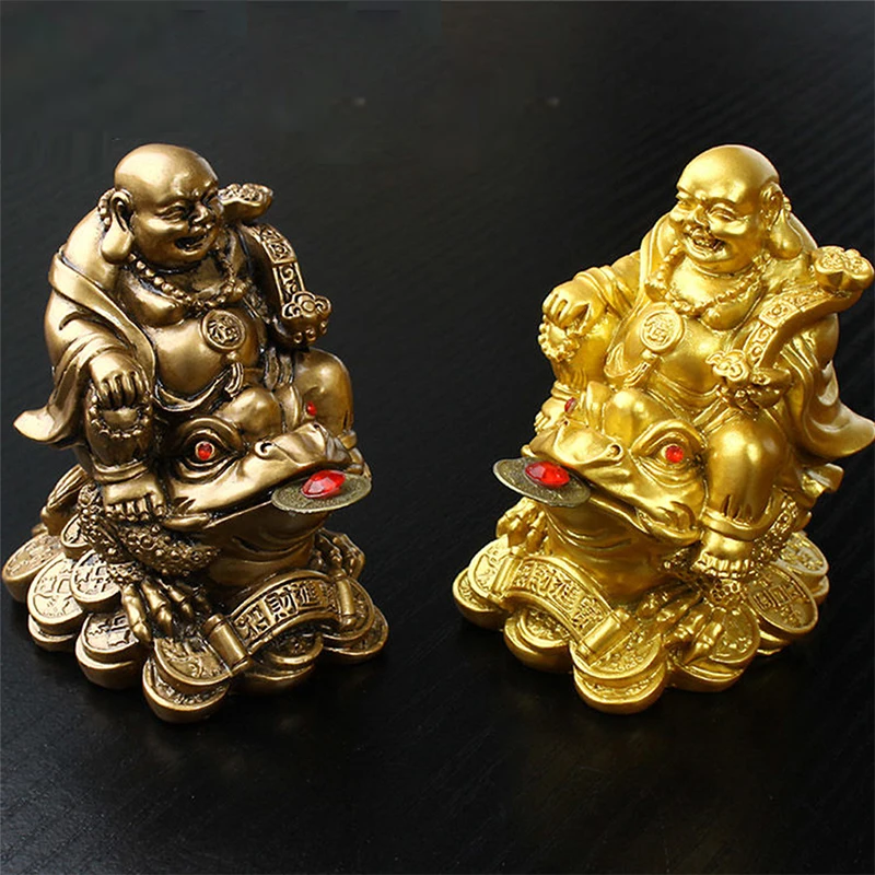 Ornament Crafts LUCKY Feng Shui Maitreya Buddha Statue Toad Figurine Money Fortune Wealth Chinese Golden Frog Home Office Tabletop Decoration
