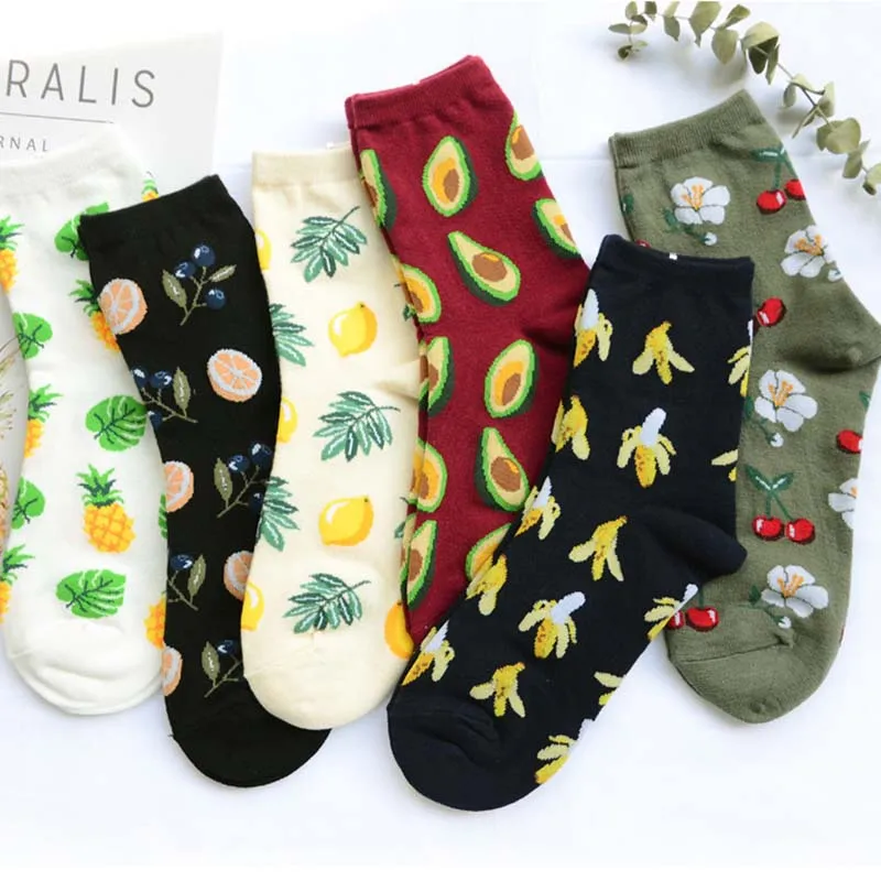 

Korean Style Women Fresh Fruits Socks Lemon Avocado Pineapple Cherry Blueberry Orange Gardenias Flamingos Plumerias Women Sokken