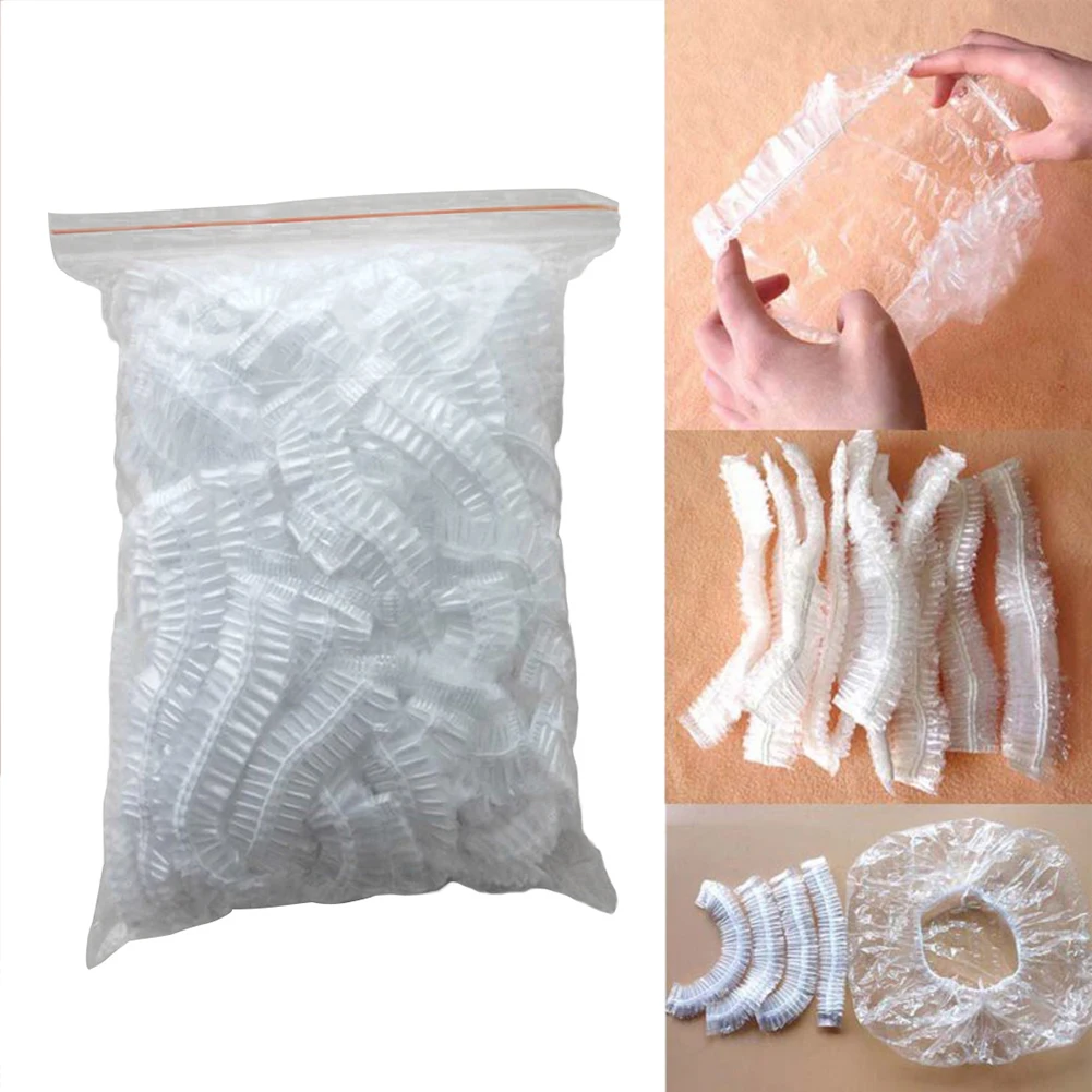 100Pcs Shower Caps Hotel Home Disposable Waterproof Clear Elastic Women Shower Cap Hat Hair Salon Bathroom Products Bath Caps
