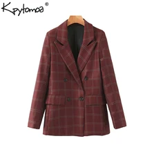 Винтажный стильный офисный женский двубортный пиджак в клетку, пальто, женская мода, длинный рукав, карманы, женская верхняя одежда, шикарные топы