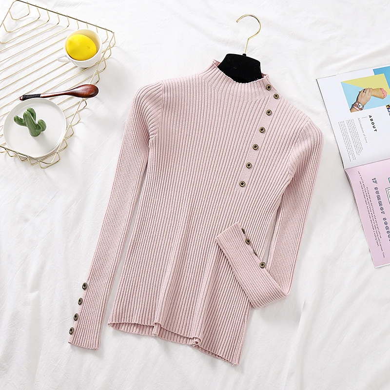 Light pink Женские свитера с высоким воротом, зимняя одежда для женщин, стрейчевый корейский топ, мягкие трикотажные пуловеры, повседневный Одноцветный вязаный свитер на пуговицах - Цвет: Light pink