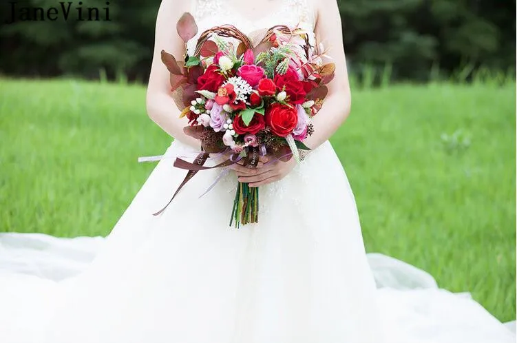 JaneVini в форме сердца красный свадебный букет шелковых цветок роза розовый невесты Холдинг цветок старинные свадебные букеты Свадебные украшения