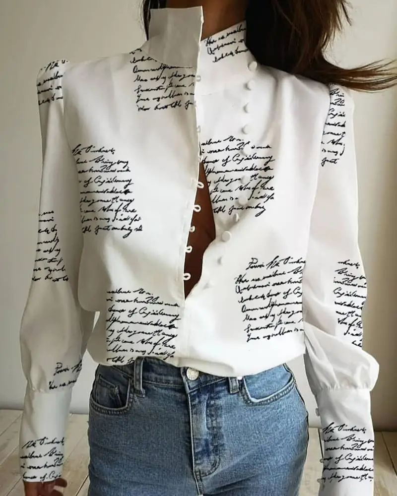  Stand Neck Letter Print Buttoned Shirt Women Long Sleeve Casual Blouse Tops