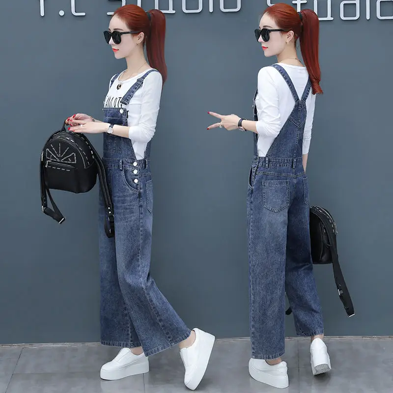 Overalls Denim Overalls Women Korean Version of Loose Jumpsuit Women 2021 Spring and Autumn New Cropped Trousers Casual Pants 2021 spring frayed micro flare jeans women s spring large size high waist thinning fringed stretch cropped pants