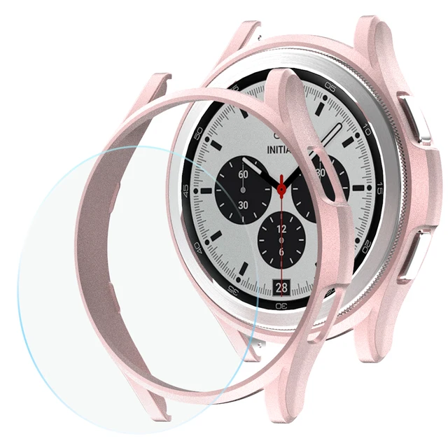 Glass+Case for Samsung Galaxy Watch 4 Classic 42mm 46mm,PC Matte Cover All-Around Protective Bumper Shell for Galaxy Watch4 Rose Gold One Glass