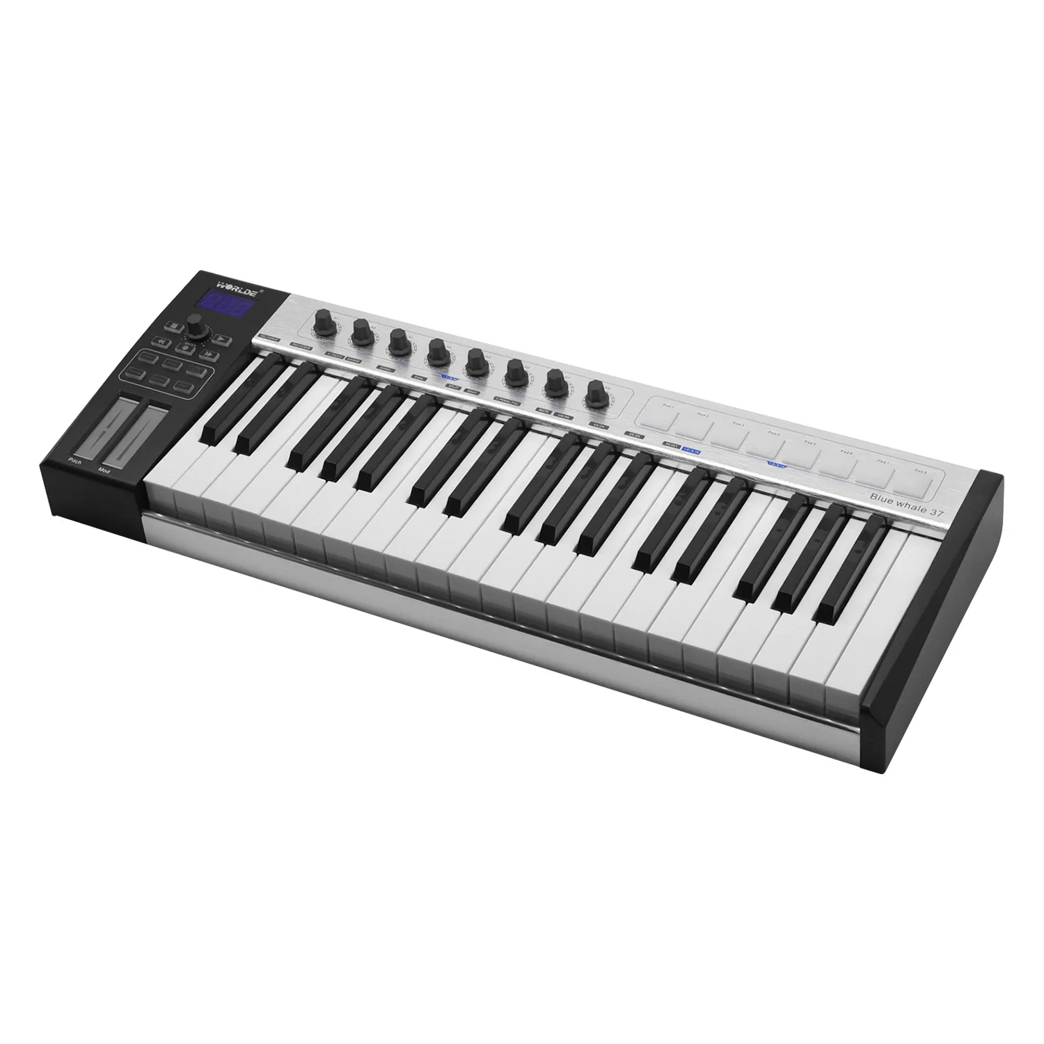 WORLDE синий кит 37 USB MIDI контроллер клавиатура 37 полувзвешенные клавиши 8 RGB с подсветкой триггерные подушки светодиодный дисплей с usb-кабелем