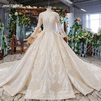 شراءHTL584 الفاخرة فساتين الزفاف 2019 مطرزة الخامس الرقبة ضوء الشمبانيا الدانتيل يصل الدانتيل الزفاف أثواب طويلة الأكمام Vesrido دي Noiva