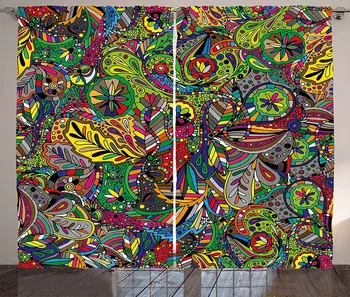 

Colorful Window Curtains Funky Curly Detailed Doodles Tangled Trippy Pyschedelic Botanical Nature Living Room Decor Bedroom